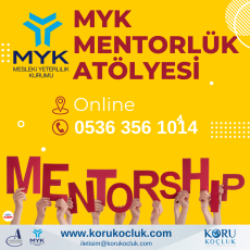 Sarı zemin üzerinde MYK Mentorlük Atölyesi yazısı ve MYK logosu