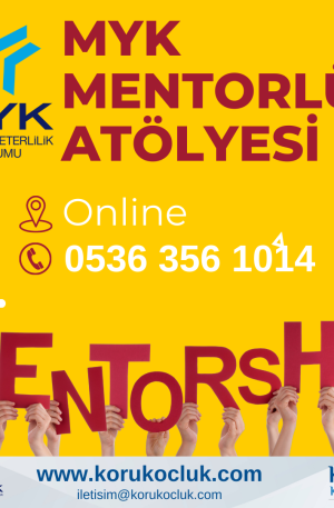 Sarı zemin üzerinde MYK Mentorlük Atölyesi yazısı ve MYK logosu