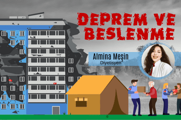 Depremde yıkılmış bir apartman önünde çadır ve insanlara yardım paketi veren gönüllü