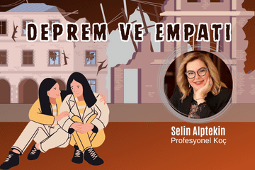 depremde yıkılmış binalar önünde oturmuş birbirini teselli eden iki kız grafiği ve yazar Selin Alptekin